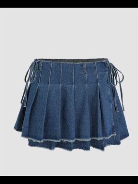 Cider Blue Pleated Denim Mini Skirt with Frayed Trim